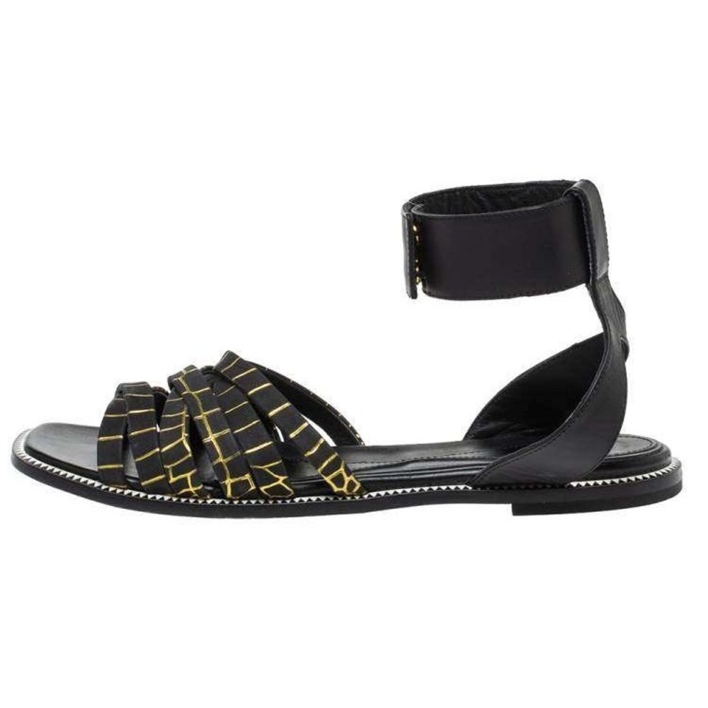 Alexander McQueen‎ Black Leather Gold Woven Strappy Ankle Strap Sandals Sz 38